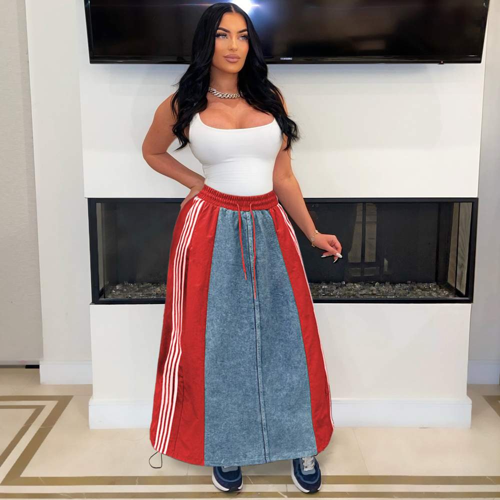 WOMEN S WOMEN S FASHION CASUAL STRIPED A LINE LOOSE DENIM CONTRAST COLOR SKIRT