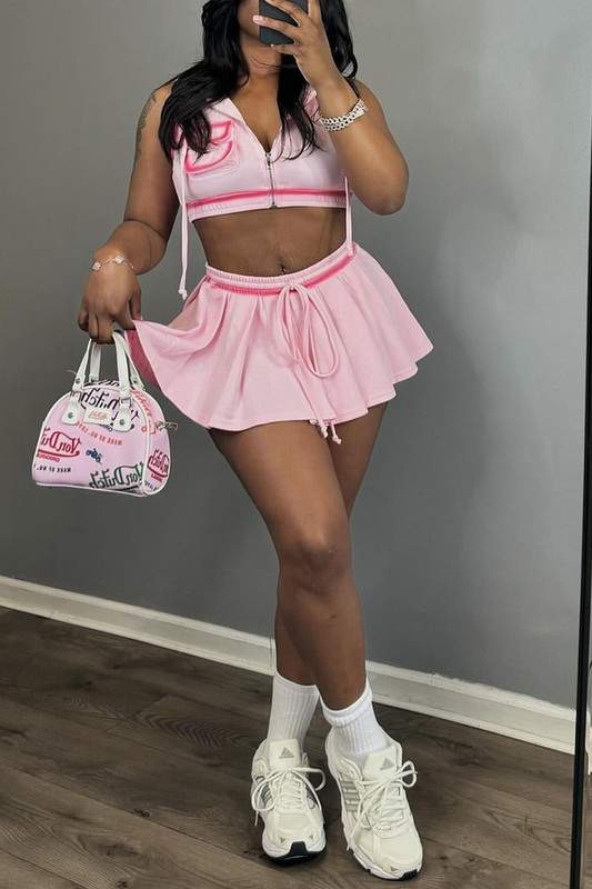 ZIP UP HOODIE TOP AND PLEATED SKIRT SET