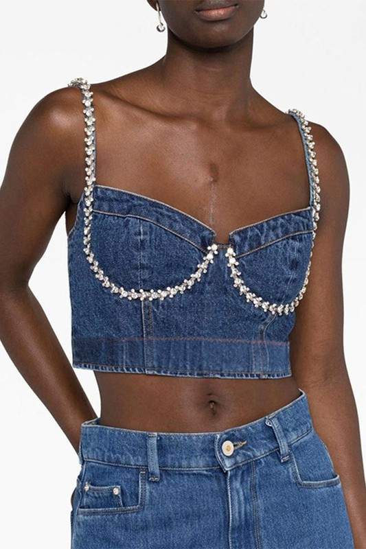 RHINESTONES DENIM CAMI TOP