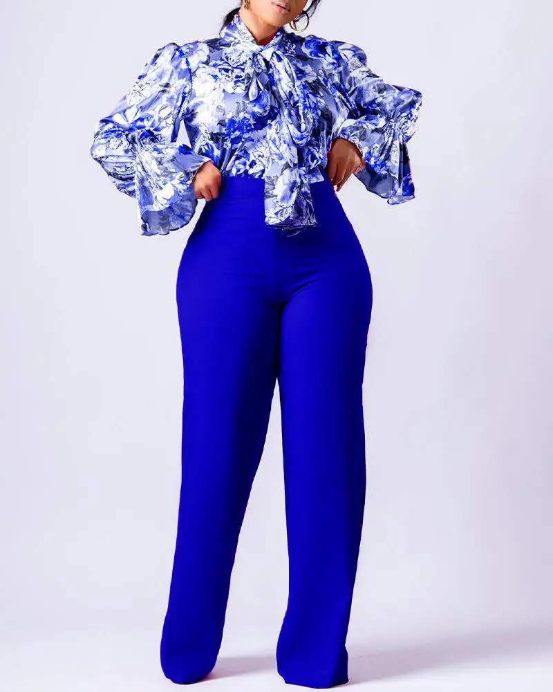 FLORAL PRINT LANTERN SLEEVE SHIRT WIDE LEG PANTS SET