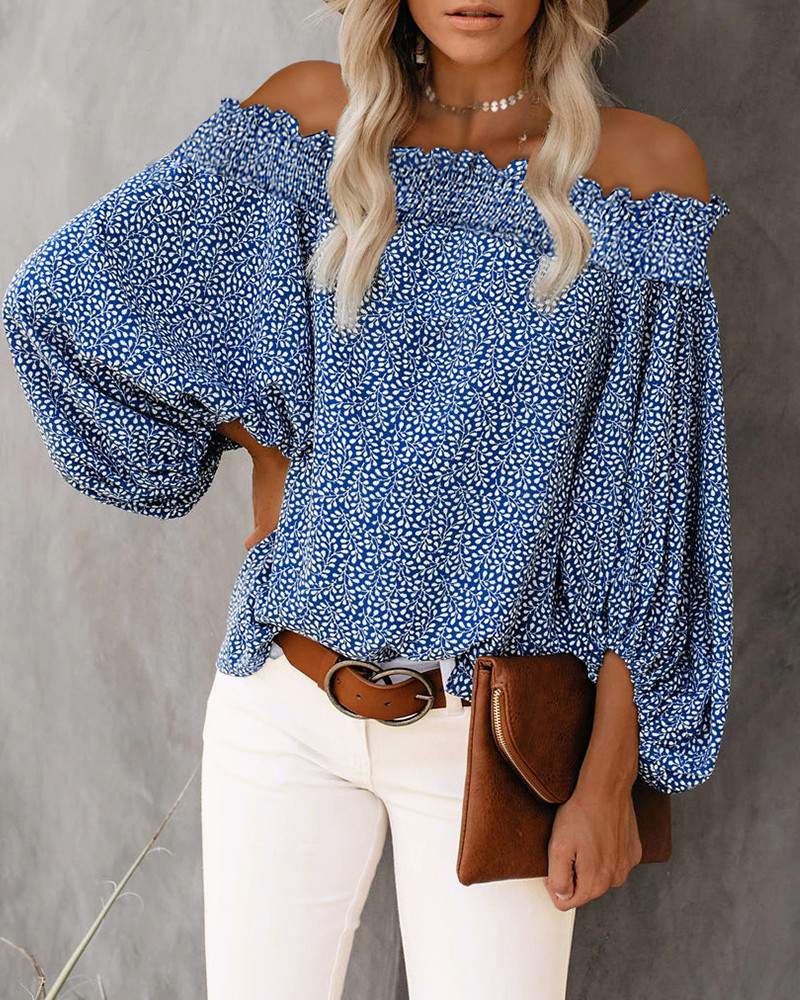 Off Shoulder Floral Print Lantern Sleeve Top