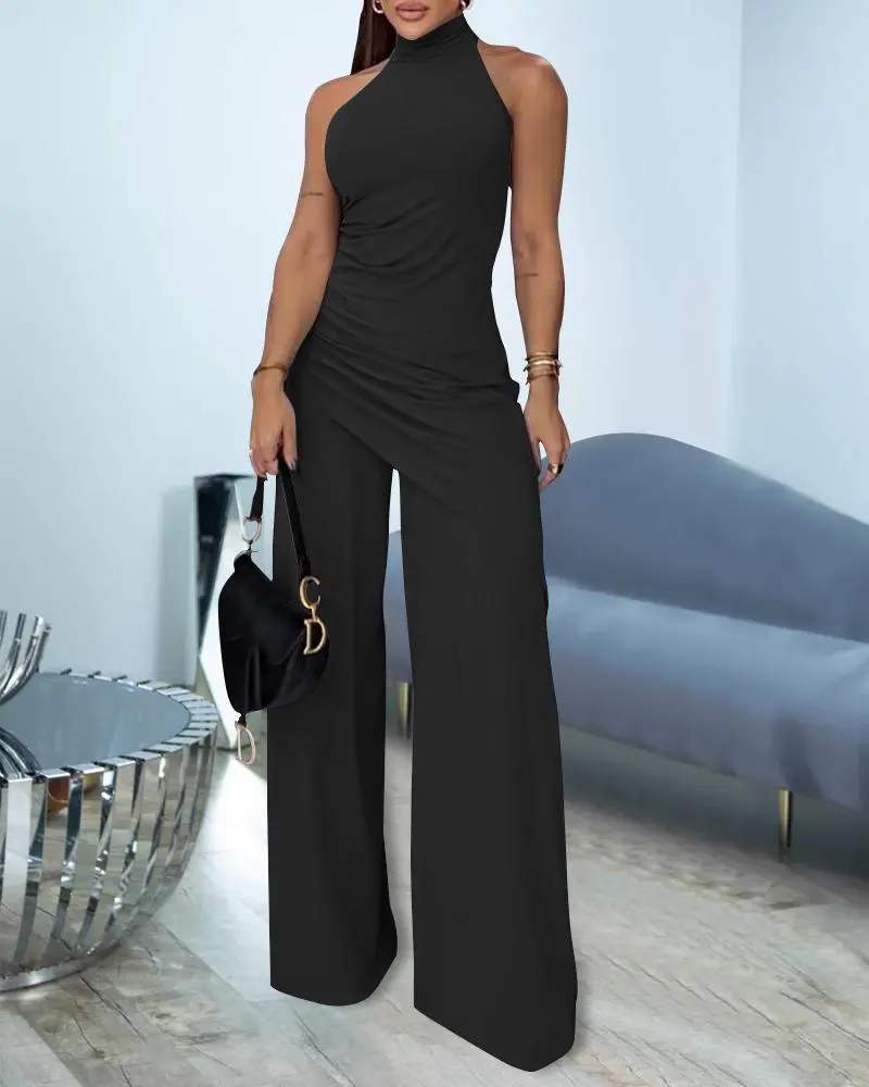 ASYMMETRICAL HEM HALTER BACKLESS TOP PANTS SET