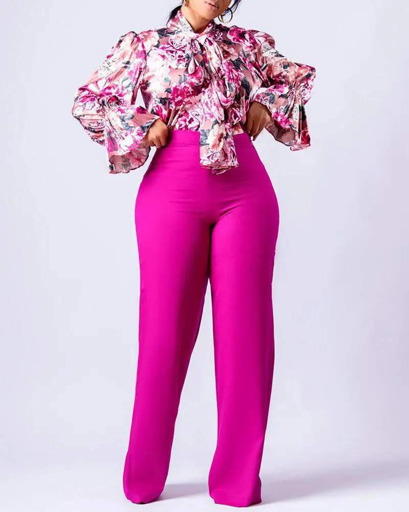 FLORAL PRINT LANTERN SLEEVE SHIRT WIDE LEG PANTS SET