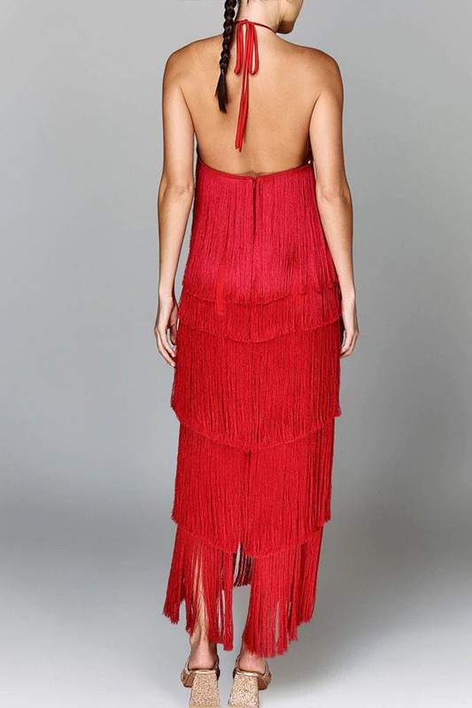 FRINGE HALTER MAXI DRESS