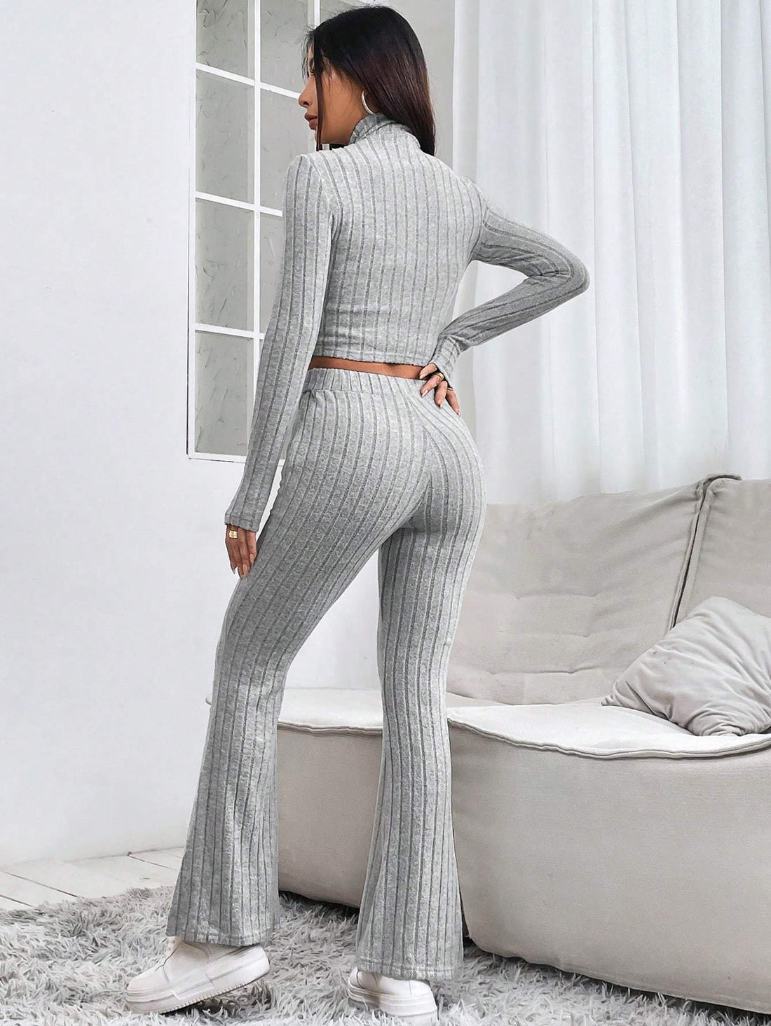 PETITE LADIES ZIPPER FRONT CROPPED TOP AND LONG PANTS TWO PIECE SET