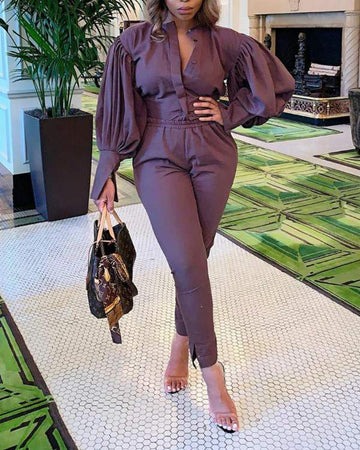 Solid Button Up Puff Sleeve Top Pants Set