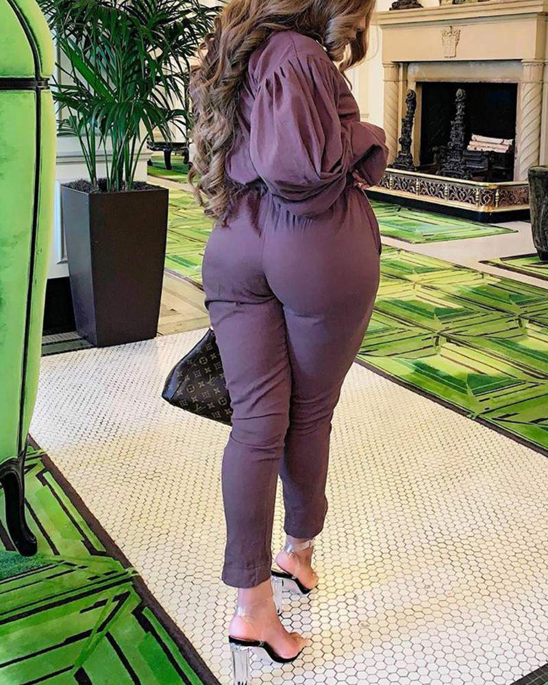 Solid Button Up Puff Sleeve Top Pants Set
