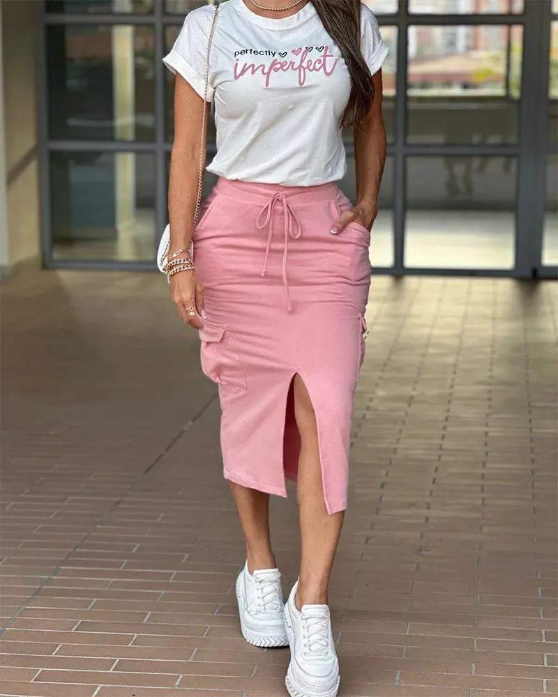 HEART PERFECTLY IMPERFECT PRINT TOP SLIT POCKET DESIGN SKIRT SET