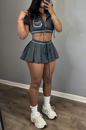 ZIP UP HOODIE TOP AND PLEATED SKIRT SET