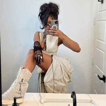 SEXY ZIPPER DRAWSTRING HOLLOWED OUT RUCHED DRESS WOMEN