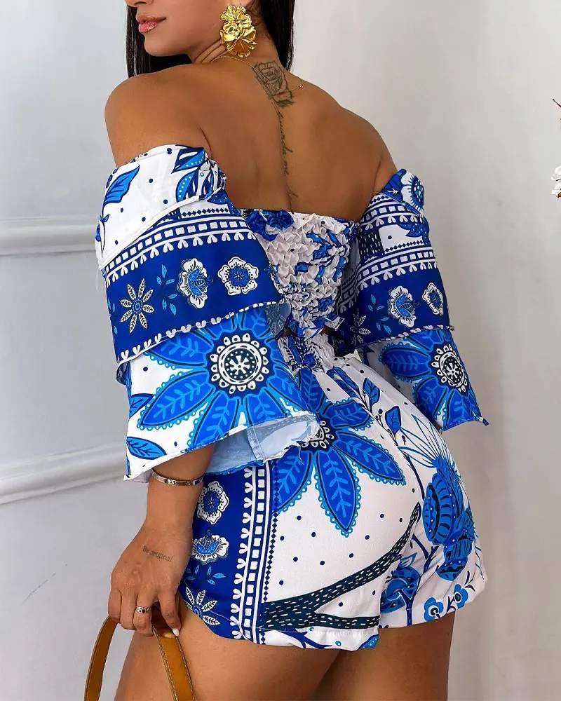 FLORAL PRINT SHIRRED TOP POCKET DESIGN SHORTS SET