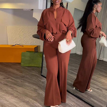 IN STOCK PLUS SIZE WOMEN S CLOTHING SPRING NEW CASUAL V NECK LONG SLEEVED TOP WIDE LEG TROUSERS SUIT