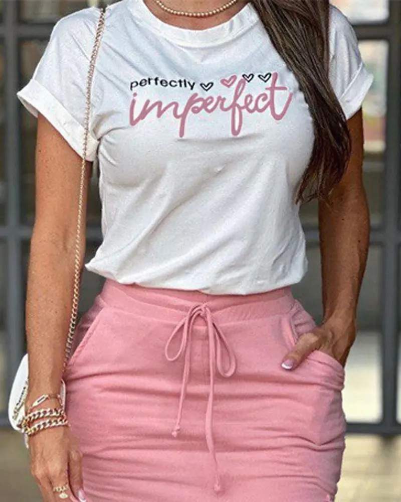 HEART PERFECTLY IMPERFECT PRINT TOP SLIT POCKET DESIGN SKIRT SET