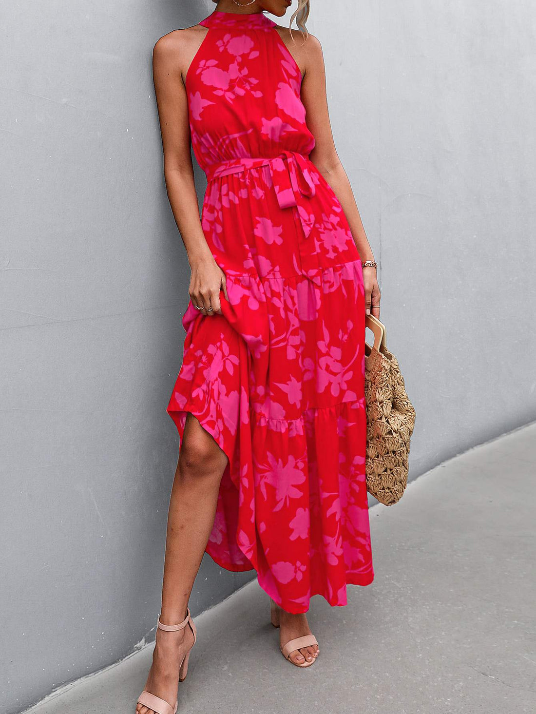 Pink Floral Sundress, Trendy Summer Maxi Dress