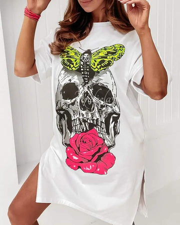 SKULL ROSE INSECT PRINT HIGH SLIT CASUAL DRESS