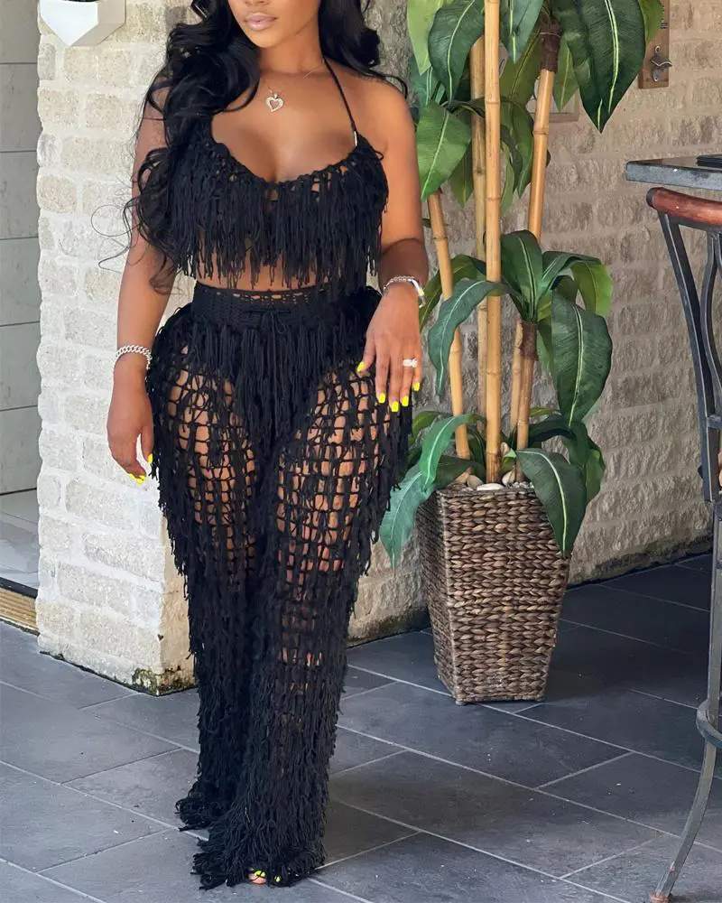 HALTER TASSEL DESIGN CROCHET BIKINI TOP HIGH WAIST PANTS SET