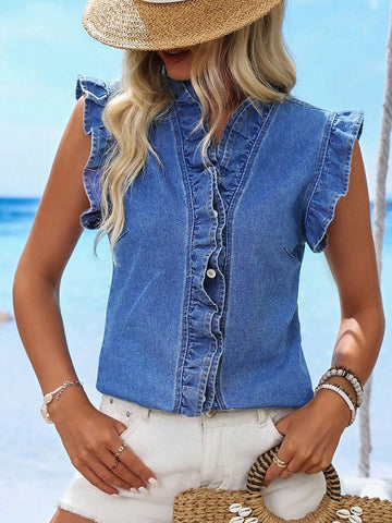 VCAY SLEEVELESS DENIM JACKET WITH SLIM FIT EDGED WITH DARK BROWN FAUX LEATHER