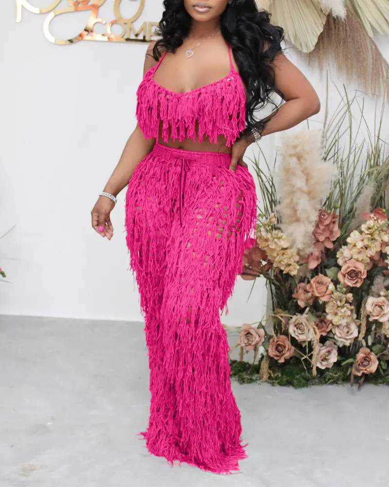 HALTER TASSEL DESIGN CROCHET BIKINI TOP HIGH WAIST PANTS SET