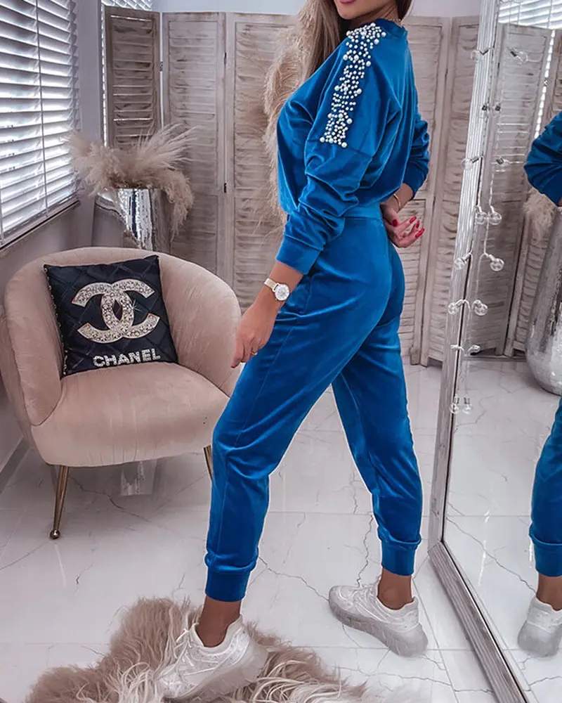 VELVET BEADED SWEATSHIRT POCKET DESIGN SWEATPANTS SET