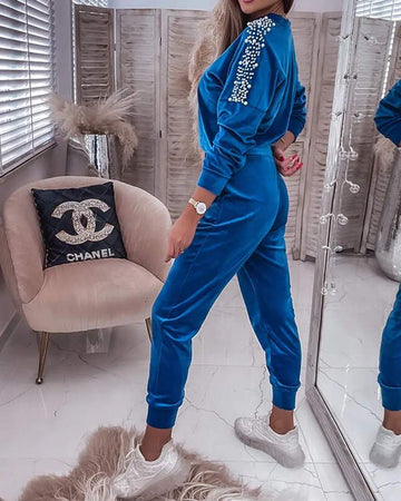VELVET BEADED SWEATSHIRT POCKET DESIGN SWEATPANTS SET