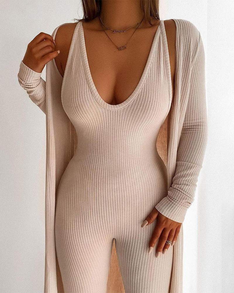Sleeveless Plunge Skinny Jumpsuit With Cardigan