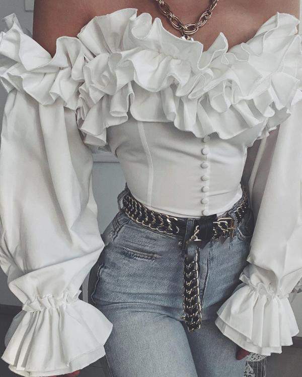 Off Shoulder Bell Sleeve Ruffles Corset Top