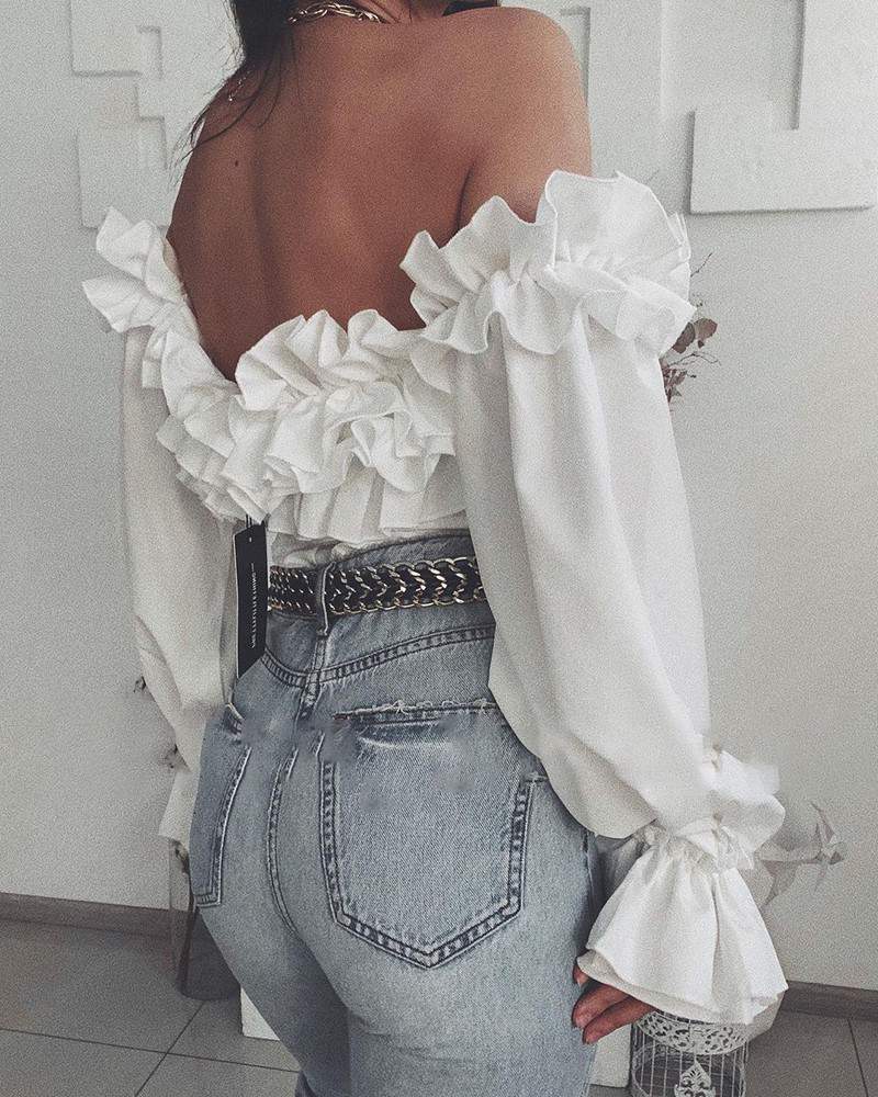 Off Shoulder Bell Sleeve Ruffles Corset Top