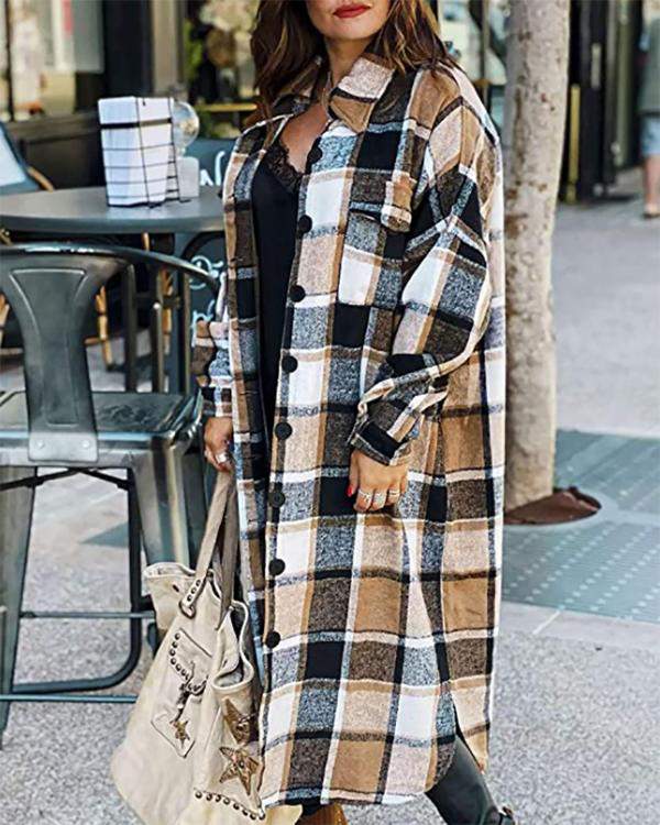 Lantern Sleeve Plaid Print Longline Shacket