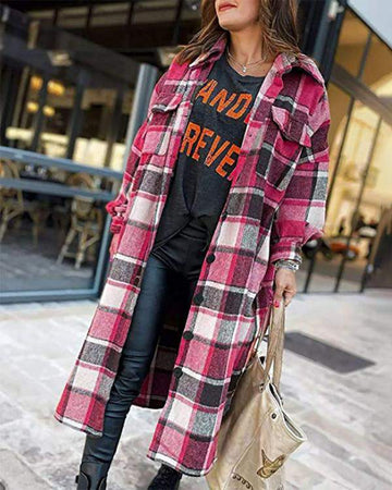 Lantern Sleeve Plaid Print Longline Shacket