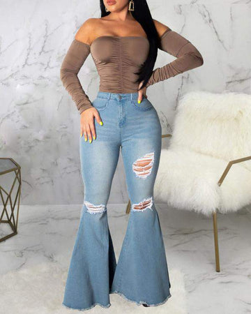 Fashion-Forward Off-Shoulder & Bootcut Look