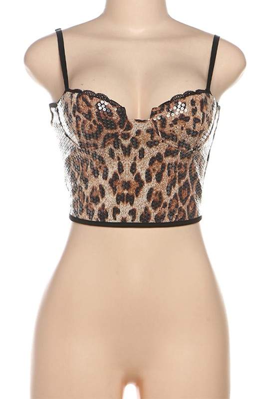 LEOPARD SEQUINS CROP CAMI TOP