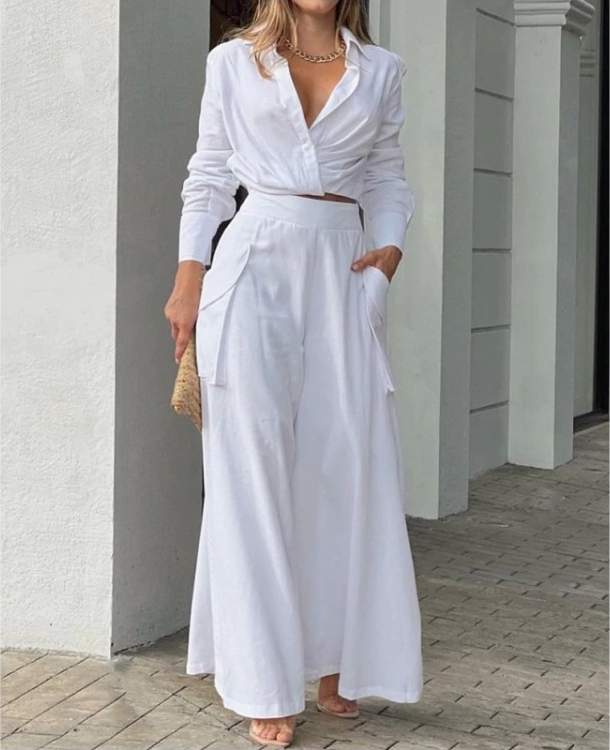 PURE COLOR LONG SLEEVE BLOUSE WIDE LEG PANTS SETS