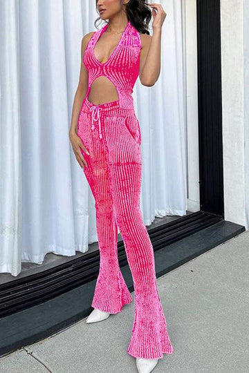 CROCHET HALTER CROP TOP AND PANTS SET
