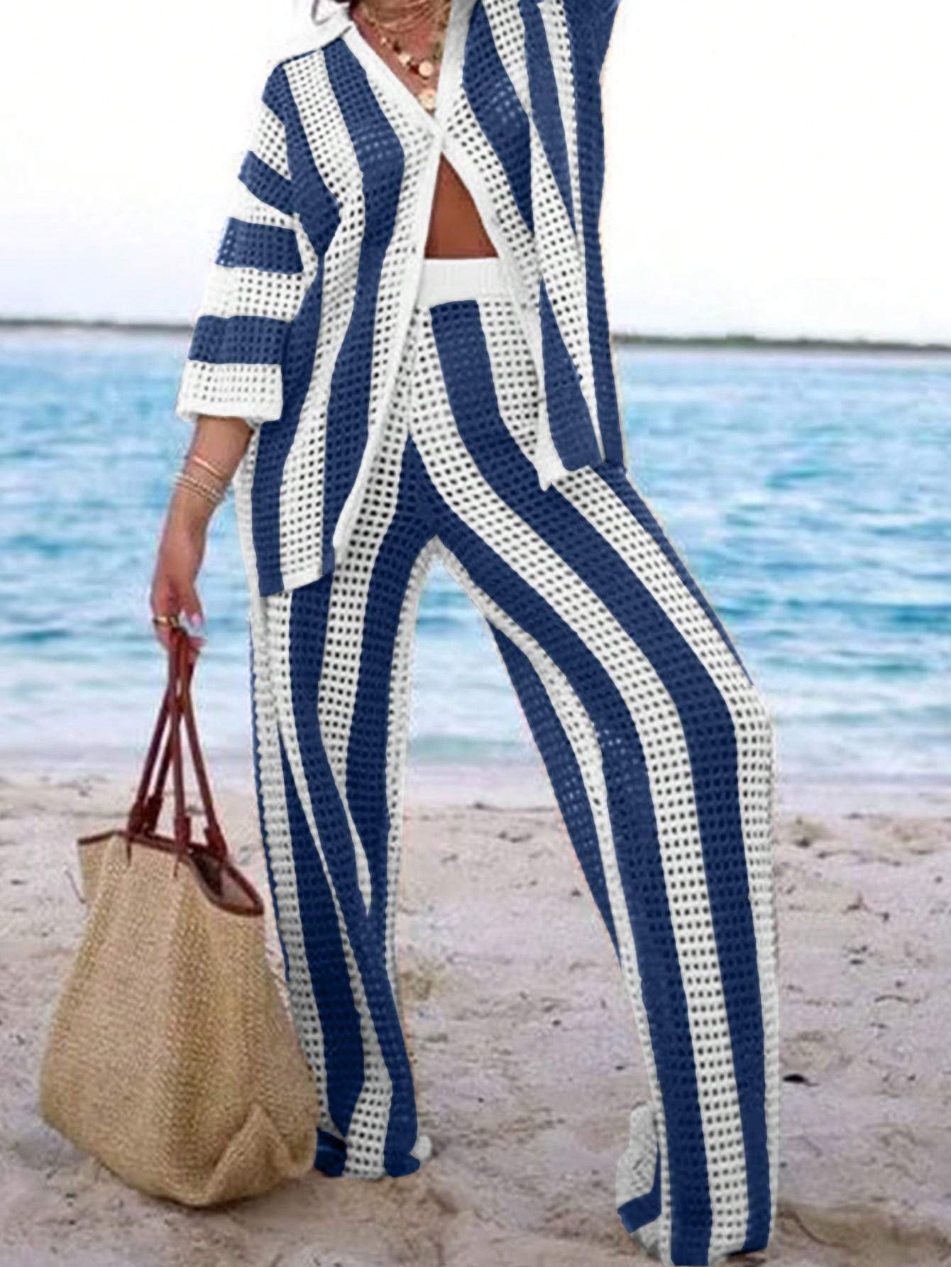 VCAY HOLIDAY BEACH CONTRAST STRIPE POLO COLLAR HOLLOW KNITTED SWEATER SET