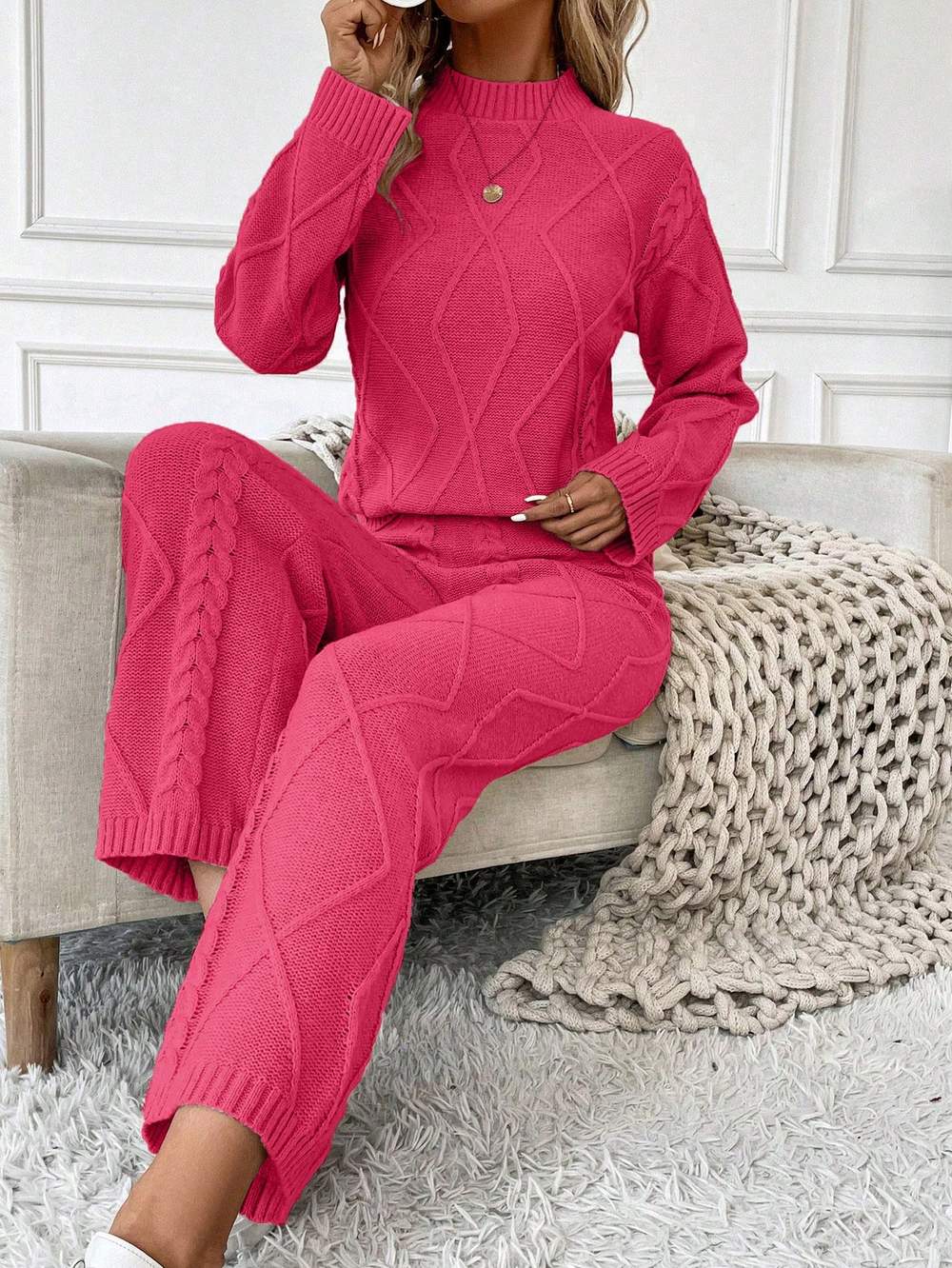ESSNCE WOMEN S STAND COLLAR LONG SLEEVE SWEATER AND SWEATER PANTS TWO PIECE SET
