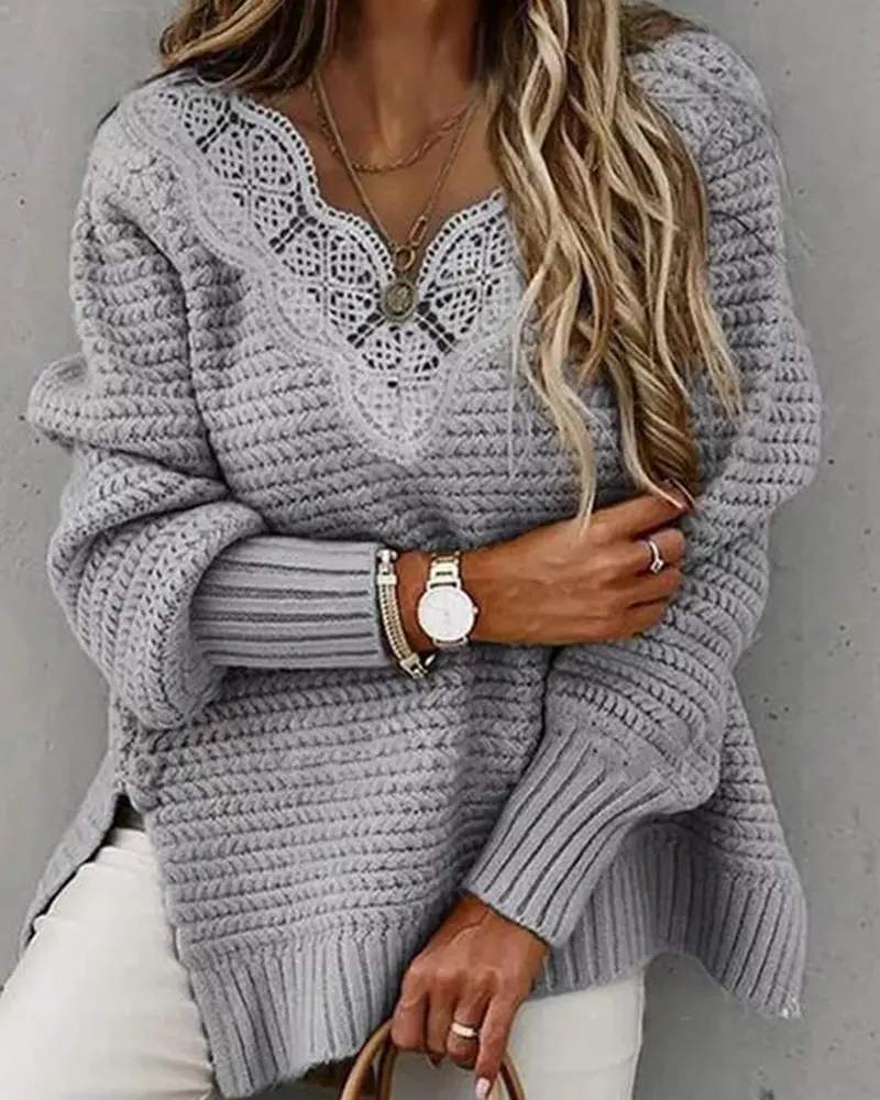 CONTRAST LACE SPLIT HEM LONG SLEEVE SWEATER