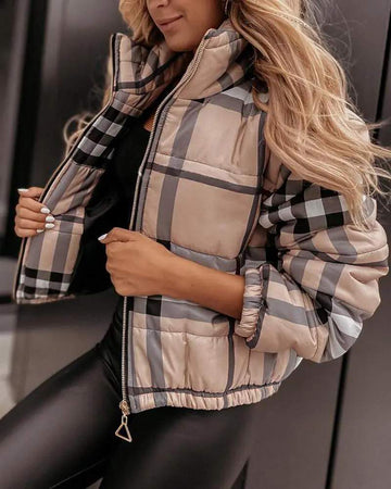 PLAID PRINT ZIP UP LONG SLEEVE PUFFER COAT