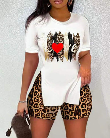 LEOPARD LETTER HEART PRINT SPLIT HEM TOP SHORTS SET