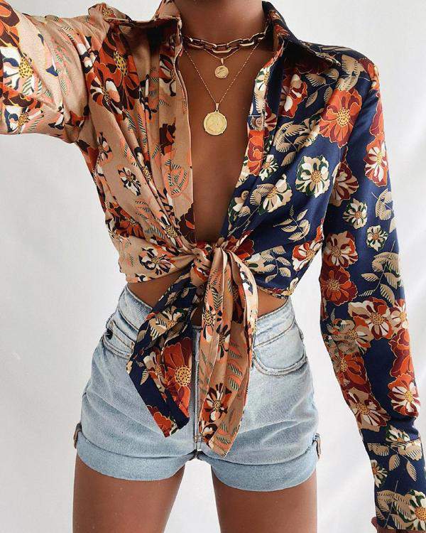 Scarf Print Tie Front Long Sleeve Shirt