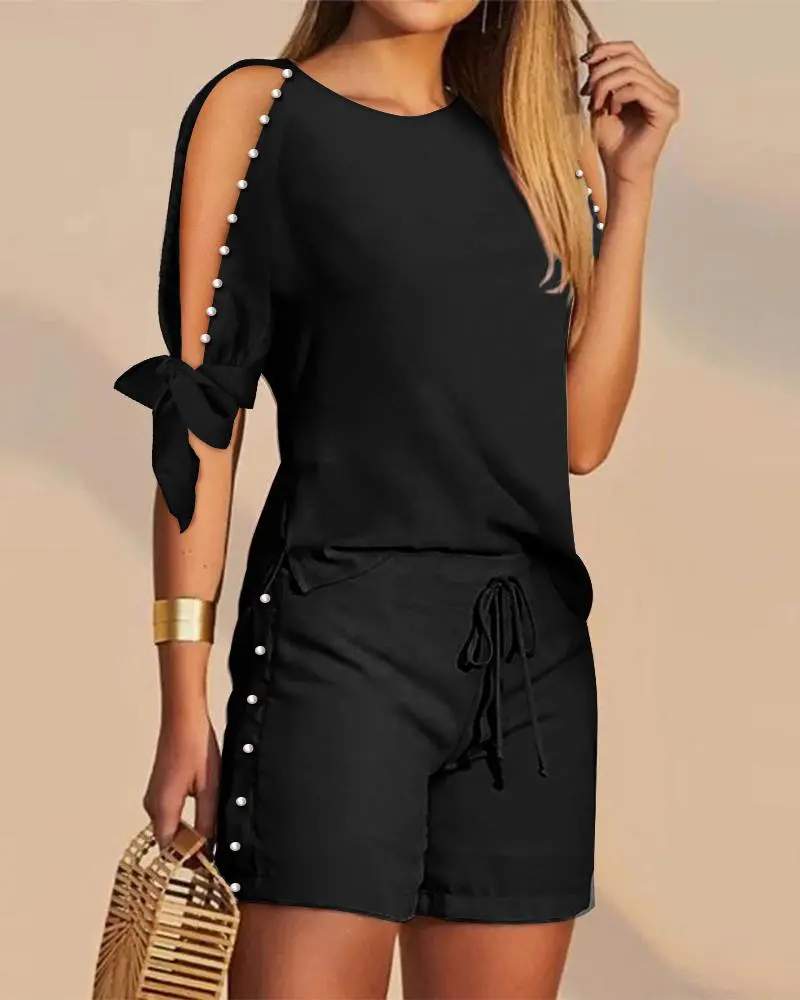 PEARLS DECOR SPLIT SLEEVE TOP DRAWSTRING SHORTS SET