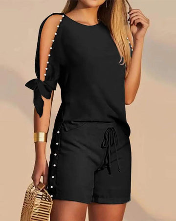 PEARLS DECOR SPLIT SLEEVE TOP DRAWSTRING SHORTS SET