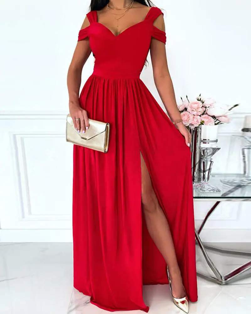 COLD SHOULDER RUCHED HIGH SLIT EVENING DRESS