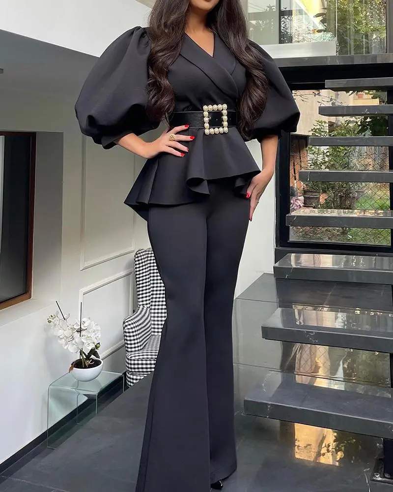 LANTERN SLEEVE RUFFLES TOP FLARED PANTS SET