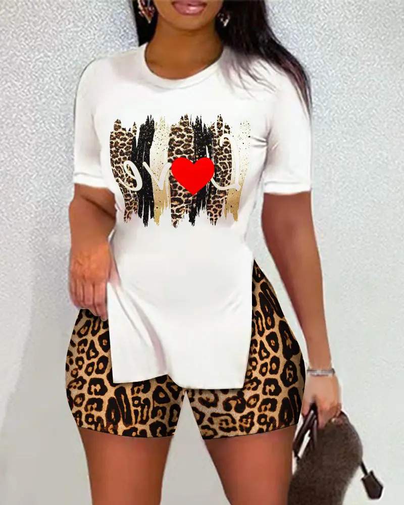 LEOPARD LETTER HEART PRINT SPLIT HEM TOP SHORTS SET