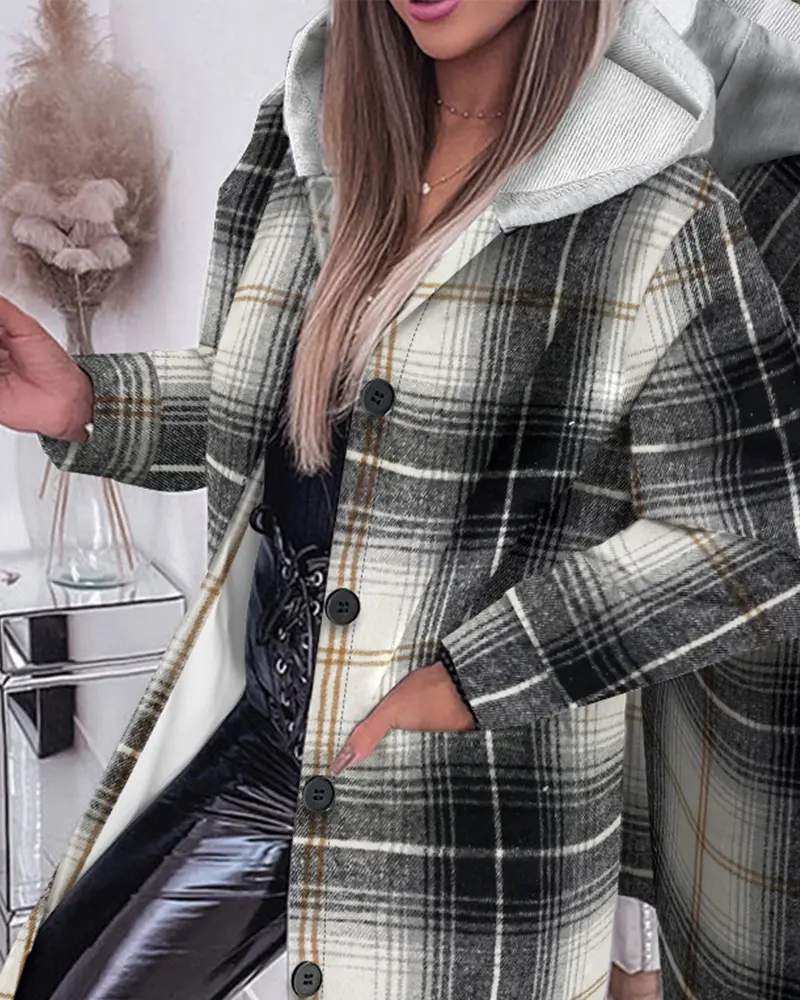 PLAID PATTERN BUTTONED LONGLINE HOODIE COAT