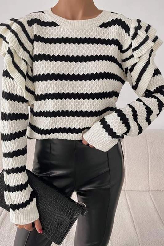 STRIPE RUFFLE TRIM SWEATER
