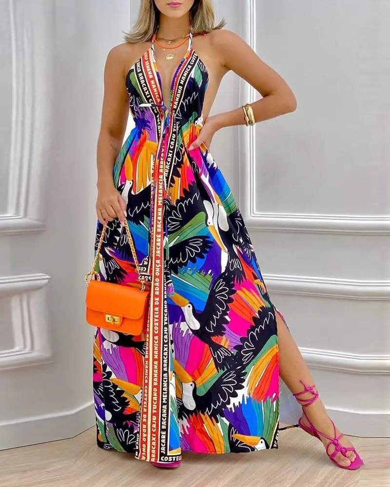 Casual Halter Neck Maxi Dress - Vibrant Print