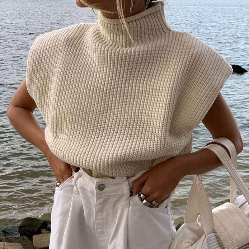 SOLID COLOR SWEATER  TEMPERAMENT HIGH COLLAR SHORT SLEEVE SWEATER