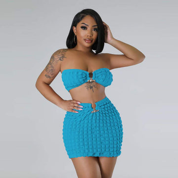 Bubble Dress Sets Women Sexy Strapless Crop Top and Bodycon Skirt Two Piece Sets