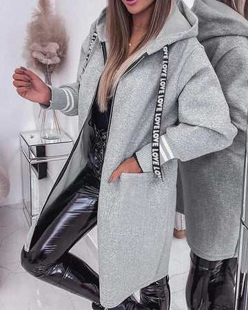 STRIPED POCKET ZIPPER DESIGN LONGLINE HOODIE
